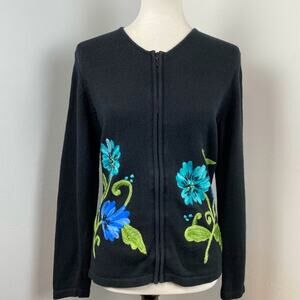 The Tog Shop Black Floral Embroidered Full Zip Knit Cardigan Medium